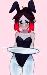 Rule 34 | 1girl, absurdres, black eyes, black hair, blush, breasts, cleavage, colored skin, earrings, eleanor (justadrian), embarrassed, gold earrings, hair bun, heart, highres, holding, holding plate, jewelry, justadrian (yoadriandk), leotard, multicolored hair, original, pantyhose, plate, playboy bunny, pointy ears, red hair, short hair, simple background, small breasts, thick eyebrows, two-tone hair, vampire, white pantyhose