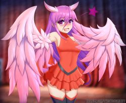 Rule 34 | 1girl, :d, bare shoulders, bird tail, black thighhighs, blush, breasts, commentary, covered navel, english commentary, feather hair, feathered wings, feathers, female focus, hair between eyes, harpy, highres, long hair, looking at viewer, medium breasts, monster girl, monster girl 1000, navel, open mouth, original, patreon username, pink eyes, pink feathers, pink hair, pink wings, red skirt, skirt, sleeveless, smile, solo, star-shaped pupils, star (symbol), symbol-shaped pupils, tail, thighhighs, twistedscarlett60, upper body, very long hair, winged arms, wings