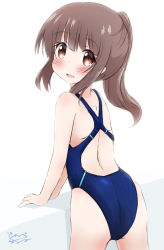 Rule 34 | 1girl, ass, backless swimsuit, blue one-piece swimsuit, brown eyes, brown hair, commentary request, competition swimsuit, cowboy shot, from behind, long hair, one-piece swimsuit, original, ponytail, purapechinu, simple background, solo, swimsuit, white background