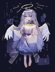 Rule 34 | 1girl, absurdres, angel, angel wings, bubble, capelet, feathered wings, full body, halo, highres, karina (karinaillust), long hair, long sleeves, looking at viewer, original, parted lips, purple eyes, purple hair, ribbon-trimmed sleeves, ribbon trim, skirt, sleeves past wrists, solo, sparkle, standing, very long hair, white capelet, white wings, wide sleeves, wings