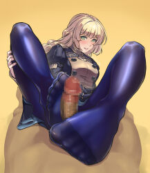 Rule 34 | 1boy, 1girl, artist name, black dress, blonde hair, blue pantyhose, breasts, buttons, censored, commission, double-breasted, dress, epaulettes, erection, eyelashes, feet, fire emblem, fire emblem: three houses, footjob, foreshortening, full body, gold trim, green eyes, hand on own thigh, highres, ingrid brandl galatea, juliet sleeves, knees apart feet together, knees up, legs, long hair, long sleeves, looking at viewer, medium breasts, military uniform, mosaic censoring, nintendo, no shoes, pantyhose, parted lips, penis, pov, puffy sleeves, see-through, see-through legwear, shiny clothes, sidelocks, simple background, skeb commission, soles, toenails, toes, tokiatm, twitter username, two-footed footjob, uniform, yellow background