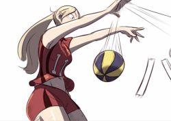 Rule 34 | 1girl, alternate costume, armpits, arms up, art catnip, ball, bare shoulders, blonde hair, breasts, haiba arisa, haikyuu!!, jersey, jumping, long hair, navel, playing sports, ponytail, red shorts, short shorts, shorts, sketch, sleeveless, solo, sportswear, stomach, thighs, volleyball, volleyball (object), volleyball uniform