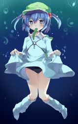 Rule 34 | 1girl, black one-piece swimsuit, blue eyes, blue hair, blush, boots, bow, bubble, clothes lift, cucumber, dress, dress lift, female focus, full body, hair bow, hat, highres, kawashiro nitori, key, matching hair/eyes, mouth hold, myuutsuu, one-piece swimsuit, school swimsuit, short hair, short twintails, sketch, solo, swimsuit, swimsuit under clothes, tears, touhou, twintails, two side up, underwater