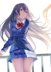 Rule 34 | 1girl, blazer, blue hair, bow, bowtie, bunbun (midukikome), closed mouth, commentary request, cowboy shot, hair between eyes, highres, jacket, long hair, long sleeves, looking to the side, love live!, love live! school idol project, otonokizaka school uniform, red bow, red bowtie, school uniform, simple background, solo, sonoda umi, standing, string, string of fate, striped bow, striped bowtie, striped clothes, striped neckwear, yellow eyes