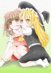 Rule 34 | 2girls, arm around neck, ascot, black skirt, black vest, blonde hair, blunt bangs, blush, bobby socks, bosutonii, bow, brown eyes, brown hair, cheek-to-cheek, cheek poking, detached sleeves, expressionless, food, gradient background, green background, hair bow, hakurei reimu, hat, hat ribbon, heads together, highres, hug, kirisame marisa, knees together feet apart, long hair, looking at another, looking to the side, mouth hold, multiple girls, o3o, pocky, pocky day, pocky kiss, poking, puffy short sleeves, puffy sleeves, red skirt, red vest, ribbon, ribbon-trimmed sleeves, ribbon trim, seiza, shared food, shirt, short sleeves, sitting, skirt, socks, touhou, very long hair, vest, wavy mouth, white shirt, white socks, witch hat, yellow ascot, yellow eyes