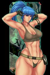 Rule 34 | 1girl, abs, absurdres, armlet, armpit hair, armpits, arms up, bare shoulders, belt, bemannen, black background, blue eyes, blue hair, breasts, closed mouth, collarbone, cowboy shot, female pubic hair, gloves, highleg, highres, jungle, large breasts, leona heidern, long hair, looking at viewer, matching hair/eyes, nature, navel, nipples, ponytail, pubic hair, see-through, serious, snk, solo, tank top, the king of fighters, thong