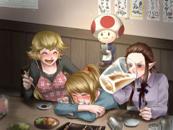 Rule 34 | 3girls, :i, alcohol, apron, beer, blonde hair, blue eyes, blush, brown hair, casual, chair, chopsticks, clenched teeth, closed eyes, company connection, contemporary, crossover, crying, cup, dress shirt, drunk, female focus, food, forehead, long hair, mario (series), metroid, mug, multiple girls, nintendo, open mouth, pitcher (container), pointy ears, ponytail, princess peach, princess zelda, restaurant, samus aran, shirt, sitting, sobbing, super mario bros. 1, super smash bros., tears, teeth, the legend of zelda, the legend of zelda: twilight princess, toad (mario), wasabi (legemd)