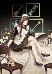 Rule 34 | 1girl, absurdres, akiyama mio, black eyes, black hair, blush, breasts, cake, chair, cleavage, cup, drinking glass, food, highres, indoors, k-on!, koi han, long hair, maid, maid headdress, medium breasts, open mouth, pantyhose, shoes, sitting, solo, very long hair, white pantyhose, wine glass
