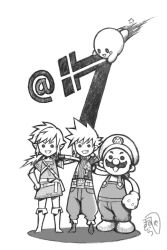 Rule 34 | 3boys, arm around shoulder, chibi, cloud strife, commentary request, countdown, final fantasy, final fantasy vii, greyscale, grin, hand on own hip, highres, kirby, kirby (series), link, male focus, mario, mario (series), monochrome, multiple boys, nintendo, nomura tetsuya, overalls, pointy ears, ponytail, signature, simple background, smile, super smash bros., the legend of zelda, the legend of zelda: breath of the wild, tunic, white background