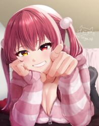 Rule 34 | 1girl, :d, alternate costume, arm support, black thighhighs, blurry, blurry background, blush, breasts, bright pupils, cleavage, commentary, crossed bangs, depth of field, eyelashes, foreshortening, grin, hair between eyes, hair ornament, hand on own cheek, hand on own face, happy, heterochromia, highres, hololive, houshou marine, index finger raised, indoors, large breasts, lips, long hair, long sleeves, looking at viewer, lying, no shoes, on stomach, open mouth, pajamas, partially unzipped, pink pajamas, pointing, pointing at viewer, pom pom (clothes), pom pom hair ornament, red eyes, red hair, shiny skin, signature, sleeves past wrists, smile, soles, solo, straight hair, striped clothes, striped pajamas, taiga sb, the pose, thighhighs, tsurime, twintails, twitter username, yellow eyes, zipper