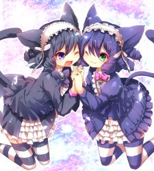 Rule 34 | 10s, 2girls, ;3, ;d, animal ears, animal hair, arare mochiko, bell, black hair, blue hair, bow, bowtie, cat ears, cat tail, curly hair, cyan (show by rock!!), dual persona, enonimikulen, fang, frilled skirt, frills, gradient background, hairband, holding hands, interlocked fingers, lolita hairband, multiple girls, one eye closed, open mouth, short hair, show by rock!!, skirt, smile, striped clothes, striped legwear, striped thighhighs, tail, thighhighs