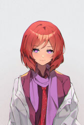 Rule 34 | 1girl, absurdres, blazer, closed mouth, formal, gradient background, grey background, highres, jacket, lab coat, looking at viewer, love live!, love live! school idol project, medium hair, nishikino maki, purple eyes, purple scarf, red hair, sakanafish, scarf, smile, solo, suit, swept bangs, upper body