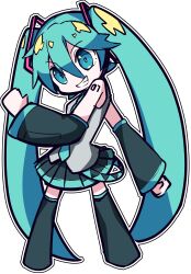 Rule 34 | 1girl, absurdres, arm tattoo, black footwear, black skirt, black sleeves, blue eyes, blue hair, blue necktie, boots, commentary request, detached sleeves, full body, grey shirt, grin, hair between eyes, hair ornament, hatsune miku, highres, long bangs, long hair, looking at viewer, necktie, number tattoo, outline, pleated skirt, shirt, simple background, skirt, sleeveless, sleeveless shirt, smile, solo, standing, tattoo, thigh boots, twintails, uziki ntoki, very long hair, vocaloid, white background, white outline