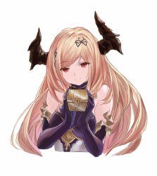 Rule 34 | 1girl, bad id, bad pixiv id, black gloves, blonde hair, box, breasts, closed mouth, dark angel olivia, gloves, granblue fantasy, hair ornament, highres, holding, holding box, horns, long hair, looking at viewer, medium breasts, red eyes, shadowverse, shingeki no bahamut, shou xun bu liang, simple background, smile, solo, upper body, very long hair, white background