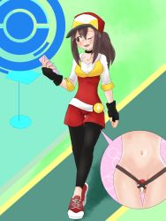 Rule 34 | 1girl, artist request, belt, black gloves, black pantyhose, blush, breasts, brown hair, cellphone, choker, collarbone, creatures (company), discreet vibrator, female focus, female protagonist (pokemon go), fingerless gloves, full body, game freak, gameplay mechanics, gloves, green background, hand up, hat, jpeg artifacts, long sleeves, looking to the side, medium breasts, multiple views, navel, nintendo, one eye closed, open mouth, pantyhose, phone, pokemon, pokemon go, ponytail, pussy juice, red footwear, red headwear, red shirt, red shorts, sex toy, shirt, shoes, shorts, simple background, smile, sweat, thigh gap, vibrator, vibrator under clothes, walking, white shirt