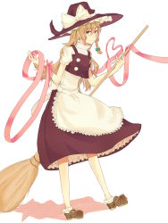 Rule 34 | 1girl, absurdres, apron, blonde hair, bow, braid, broom, buttons, dress, female focus, frills, full body, hair bow, hair ornament, hat, highres, kirisame marisa, long hair, ribbon, shoes, simple background, smile, socks, solo, taka hijiri, touhou, witch, witch hat, yellow eyes