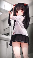 Rule 34 | 1girl, absurdres, black hair, black skirt, blurry, blurry background, blush, breasts, closed mouth, comodomodo, feet out of frame, hair bobbles, hair ornament, highres, indoors, long hair, lulla (comodomodo), miniskirt, original, pleated skirt, red eyes, shirt, short sleeves, skirt, small breasts, solo, standing, two side up, white shirt