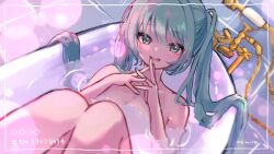 Rule 34 | 1girl, :d, absurdres, aqua hair, aqua nails, bathtub, blush, collarbone, framed, green eyes, hair between eyes, hatsune miku, highres, katorea, long hair, looking at viewer, nail polish, nude, open mouth, partially submerged, smile, solo, twintails, vocaloid