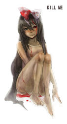 Rule 34 | 1girl, blood, blood on face, bow, full body, heterochromia, long hair, neoko, nude, original, simple background, sitting, solo, very long hair