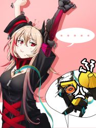 Rule 34 | ..., 1girl, anger vein, arms up, banana (girls&#039; frontline), black coat, black jumpsuit, blush, clenched hands, closed mouth, coat, fang, fang out, gas mask, girls&#039; frontline, gloves, gradient hair, hair between eyes, head tilt, headgear, highres, jumpsuit, long hair, looking at viewer, m4 sopmod ii (girls&#039; frontline), m4 sopmod ii (mod3) (girls&#039; frontline), mask, megaphone, mod3 (girls&#039; frontline), multicolored hair, multiple straps, pink hair, prosthesis, prosthetic arm, red eyes, red hair, sd bigpie, short jumpsuit, sidelocks, sleeveless jumpsuit, spoken ellipsis, strap, streaked hair, stretching, sweat, zipper pull tab