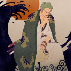 Rule 34 | 1boy, alcohol, coat, coat on shoulders, green hair, hand on own face, japanese clothes, kimono, male focus, obobkkp, one eye closed, one piece, roronoa zoro, sake, scar, scar across eye, scar on chest, scar on face, sheath, sheathed, solo, sun, sword, topknot, waves, weapon