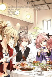Rule 34 | 1girl, 2boys, ahoge, astolfo (fate), black ribbon, blonde hair, bra, braid, bread, breasts, brown hair, coffee cup, coffee mug, cup, denim, disposable cup, fang, fate/apocrypha, fate (series), food, fork, green eyes, hair ornament, hair ribbon, hands together, high ponytail, highres, holding, holding fork, holding knife, hood, hooded jacket, jacket, jewelry, knife, konoe ototsugu, long braid, long hair, long sleeves, meat, midriff, mordred (fate), mordred (fate/apocrypha), mug, multicolored hair, multiple boys, navel, necklace, novel illustration, official art, one eye closed, pink eyes, pink hair, ponytail, purple jacket, red eyes, red jacket, ribbon, scrunchie, shirt, short hair, shorts, sieg (fate), single braid, small breasts, strapless, strapless bra, trap, two-tone hair, underwear, waistcoat, white bra, white shirt