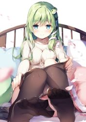Rule 34 | 1girl, alternate costume, bed, black pantyhose, blue eyes, blush, breasts, casual, clothes pull, commentary request, contemporary, frog hair ornament, green hair, hair ornament, hair tubes, kochiya sanae, long hair, looking at viewer, medium breasts, miyase mahiro, panties, panty peek, pantyhose, pantyhose pull, pillow, ribbed sweater, sidelocks, simple background, sitting, smile, snake hair ornament, solo, sweater, touhou, turtleneck, turtleneck sweater, underwear, white background, white sweater