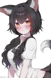 Rule 34 | 1girl, alternate costume, alternate hairstyle, animal ear fluff, animal ears, artist name, black hair, blush, closed mouth, fang, from side, hashtag-only commentary, highres, hololive, long hair, looking at viewer, low twintails, mofumin, multicolored hair, ookami mio, red hair, shirt, short sleeves, simple background, skin fang, solo, streaked hair, tail, twintails, twitter username, upper body, virtual youtuber, white background, white shirt, wolf ears, wolf girl, wolf tail, yellow eyes