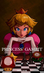 Rule 34 | 1girl, 1up, blue hair, brooch, chess piece, chessboard, crown, dress, earrings, fire flower, gloves, highres, jewelry, looking at viewer, mario (series), mini crown, nintendo, parody, parted lips, pearl earrings, pink dress, princess peach, sanchezisfine, solo, sphere earrings, super mushroom, super star (mario), the queen&#039;s gambit, the super mario bros. movie, voice actor connection, white gloves