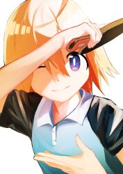 Rule 34 | 1girl, ahoge, blue eyes, blue shirt, closed mouth, collared shirt, hair between eyes, highres, inami hatoko, looking at viewer, medium hair, orange hair, original, paddle, shirt, short sleeves, simple background, smile, solo, table tennis paddle, upper body, white background