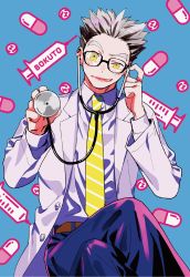 Rule 34 | 1boy, bikkusama, bokuto koutarou, haikyuu!!, highres, lab coat, crossed legs, necktie, open mouth, smile, solo, stethoscope, yellow eyes