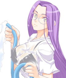 Rule 34 | 00s, 1girl, bra, breasts, cleavage, fate/hollow ataraxia, fate/stay night, fate (series), glasses, hose, large breasts, lingerie, long hair, medusa (fate), medusa (rider) (fate), non-web source, purple hair, see-through, shirt, solo, square pupils, t-shirt, underwear, water, wet, wet clothes, yellow eyes