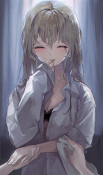 Rule 34 | 1girl, black bra, blush, bra, brown hair, closed eyes, collared shirt, covering own mouth, crying, curtains, dress shirt, eyelashes, facing viewer, grey hair, hair between eyes, hand over own mouth, hand up, highres, holding, holding hands, holding towel, hyatsu, indoors, laughing, long hair, original, out of frame, oversized clothes, oversized shirt, partially unbuttoned, pov, pov hands, shirt, sleeves past wrists, solo focus, streaming tears, tears, towel, underwear, upper body, wet, wet clothes, wet hair, wiping