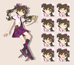 Rule 34 | 1girl, 4rion, absurdres, black necktie, black socks, expressions, full body, geta, hat, highres, himekaidou hatate, holding, holding phone, looking at viewer, necktie, phone, plaid, plaid skirt, pointy ears, puffy short sleeves, puffy sleeves, purple hat, shirt, short sleeves, skirt, socks, solo, standing, tachi-e, tokin hat, touhou, twintails, white shirt