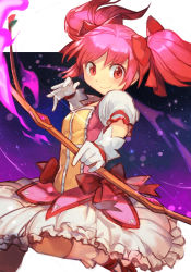 Rule 34 | 1girl, blush, bow, bow (weapon), breasts, buttons, frilled skirt, frills, gloves, hair between eyes, hair bow, holding, holding bow (weapon), holding weapon, hungry clicker, kaname madoka, leg up, looking at viewer, magical girl, mahou shoujo madoka magica, mahou shoujo madoka magica (anime), pink eyes, puffy short sleeves, puffy sleeves, purple background, short sleeves, skirt, small breasts, smile, twintails, upper body, weapon, white gloves