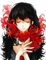 Rule 34 | 1girl, alternate body fluid, black feathers, black hair, blade, blood, boxcutter, closed eyes, crying, eyelashes, feathers, flower, fur trim, hair between eyes, highres, holding, holding boxcutter, holding knife, knife, lily (flower), lips, long hair, original, parted lips, portrait, realistic, red flower, red rose, rose, school uniform, self-harm, sidelocks, simple background, smile, solo, spider lily, suicide, tcb, tears, weapon, white background, yami kawaii