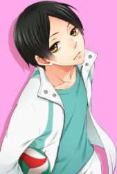 Rule 34 | 10s, 1boy, ball, black hair, haikyuu!!, holding, holding ball, jacket, kunimi akira, looking at viewer, male focus, open clothes, open jacket, pink background, rio (rio 01), short hair, solo, volleyball (object)