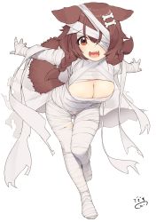 Rule 34 | 1girl, :3, animal ears, bandage over one eye, bandages, bone hair ornament, braid, breasts, brown eyes, brown hair, cartoon bone, cleavage, dog ears, dog girl, dog tail, fangs, hair between eyes, hair ornament, hairclip, highres, hololive, inugami korone, large breasts, leaning forward, light blush, long hair, looking at viewer, low twin braids, low twintails, mummy, mummy costume, naked bandage, nejime, outstretched arms, outstretched hand, signature, simple background, smile, solo, tail, teeth, twin braids, twintails, upper teeth only, virtual youtuber, white background