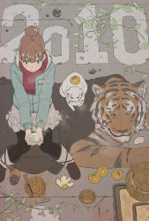 Rule 34 | 10s, 2010, blush, brown hair, cat, cold, flat color, muted color, new year, pantyhose, scarf, sitting, skirt, smile, tarou2, tiger