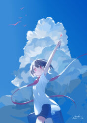 Rule 34 | 1girl, absurdres, arm up, bird, black hair, blue shorts, blue sky, closed mouth, cloud, cloudy sky, commentary request, cowboy shot, cumulonimbus cloud, dated, highres, holding, holding brush, looking at viewer, original, outdoors, red eyes, scenery, school uniform, shirt, short hair, short sleeves, shorts, signature, sky, smile, solo, standing, white shirt, xunko