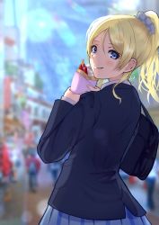 Rule 34 | 1girl, :p, artist name, artist request, ayase eli, bag, black jacket, blonde hair, blue cardigan, blue eyes, blue jacket, blue skirt, blurry, blurry background, blush, bow, bowtie, breasts, cardigan, checkered clothes, checkered skirt, collared shirt, female focus, food, from behind, green bow, hair between eyes, hair ornament, hair scrunchie, high ponytail, highres, holding, holding food, jacket, long hair, long sleeves, looking at viewer, looking back, love live!, love live! school idol project, miniskirt, otonokizaka school uniform, outdoors, parted lips, plaid, plaid skirt, pleated, pleated skirt, ponytail, school bag, school uniform, scrunchie, shirt, short hair, short sleeves, skirt, smile, solo, striped, striped bow, tongue, tongue out, white scrunchie, white shirt
