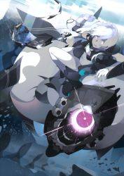 10s 1girl abyssal_ship aiming aiming_at_viewer backpack bad_id bad_pixiv_id bag bikini black_bikini black_coat coat female_focus glowing glowing_eyes highres hood hood_down hoodie kantai_collection monster_girl o-ring o-ring_top pale_skin powering_up purple_eyes re-class_battleship revision shisu_(binzo3) short_hair solo swimsuit tail weapon whip_sword white_hair