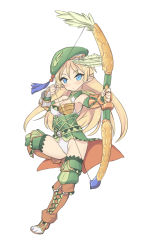 Rule 34 | 1girl, beret, blonde hair, blush, boots, bow (weapon), breasts, cleavage, elf, full body, hat, highres, jewelry, kris bernal, lo xueming, long hair, pointy ears, pop-up story, simple background, skirt, solo, weapon, white background