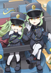 Rule 34 | 2girls, ankle boots, belt, black belt, black footwear, black hat, black jacket, black shorts, black skirt, black tail, blue archive, boots, commentary, crossed legs, gloves, green hair, hat, highres, hikari (blue archive), jacket, long hair, long sleeves, looking at viewer, mouth pull, multiple girls, nezumin, nozomi (blue archive), outdoors, pantyhose, peaked cap, pleated skirt, roller coaster, shoe soles, shorts, sitting, skirt, strap, tail, tongue, tongue out, white gloves, white pantyhose, wind, yellow eyes