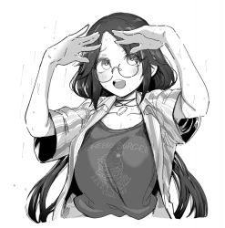 Rule 34 | 1girl, :d, blush, dekosukentr, glasses, greyscale, hands up, idolmaster, idolmaster shiny colors, jewelry, long hair, looking at viewer, low twintails, mitsumine yuika, monochrome, necklace, open mouth, round eyewear, round teeth, shirt, short sleeves, smile, solo, teeth, twintails, upper body, upper teeth only