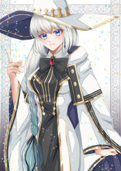 Rule 34 | aesc (fate) (cosplay), aowasa, blue eyes, breasts, cloak, cosplay, fate/grand order, fate (series), hair over shoulder, hat, large breasts, morgan le fay (fate), pointing, pointing up, star (symbol), aesc (fate), two-tone dress, white cloak, white hair, white hat, wide sleeves, witch hat