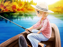Rule 34 | 1girl, autumn, blonde hair, boat, fishing, fishing rod, hat, holding, holding fishing rod, patricia (princess maker 4), princess maker (series), princess maker 4, sleeves rolled up, solo, tenhiro naoto, water, watercraft