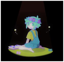 Rule 34 | 1boy, barefoot, basil (headspace) (omori), basil (omori), blue overalls, blush, colored skin, flower, green eyes, green hair, head wreath, looking at viewer, omori, open mouth, overall shorts, overalls, photo (object), scrapbook, shirt, short hair, sitting, smile, solo, sr ld fr, wariza, white skin, yellow shirt