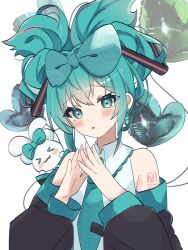 Rule 34 | &gt; &lt;, 1girl, :o, balloon, bare shoulders, black sleeves, blue hair, blue necktie, blush, cinnamiku, cinnamoroll, coco irasuto, collared shirt, detached sleeves, frilled shirt, frills, hair between eyes, hair ornament, hatsune miku, heart balloon, highres, long sleeves, looking at viewer, necktie, number tattoo, own hands together, parted lips, raised eyebrows, sanrio, shirt, sidelocks, simple background, sleeveless, sleeveless shirt, solo, steepled fingers, tattoo, tie clip, updo, upper body, vocaloid, white background, white shirt