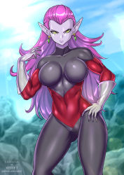 Rule 34 | 10s, 1girl, bodysuit, breasts, breasts apart, cocotte, colored skin, dragon ball, dragon ball super, dragonball z, earrings, hand on own hip, hip focus, impossible clothes, jewelry, long hair, looking at viewer, pointy ears, purple hair, purple skin, redjet, solo, very long hair, watermark, web address, wide hips, yellow eyes